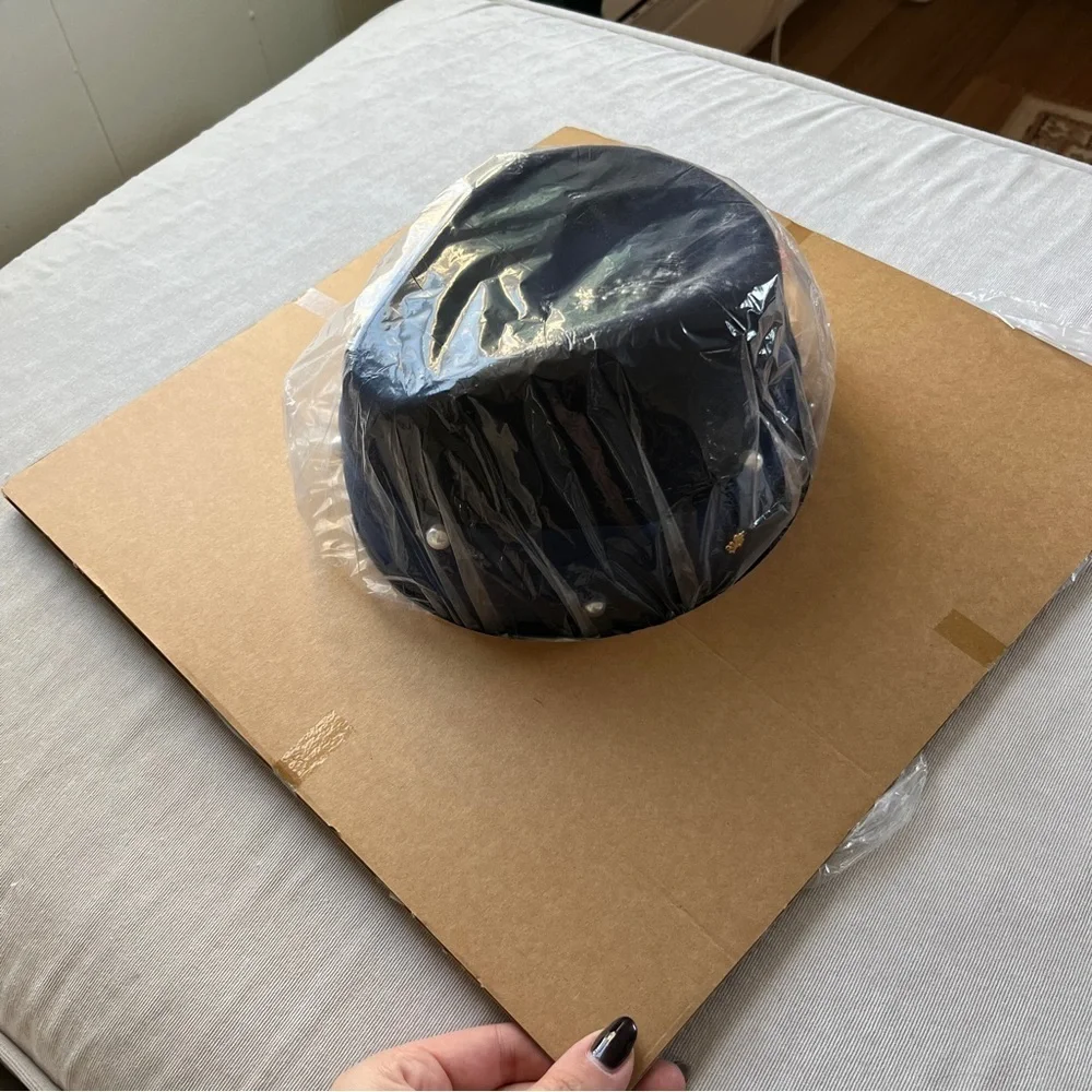 NWT Lele Sadoughi Wool Pearl Detail Navy Rancher Hat